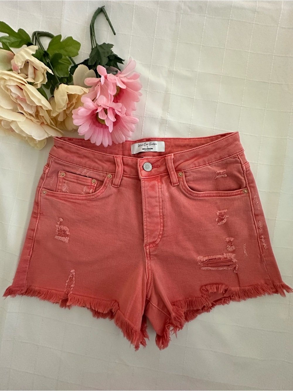 Mica Denim NWOT High-Rise Coral Pink Distressed Women's Denim Shorts